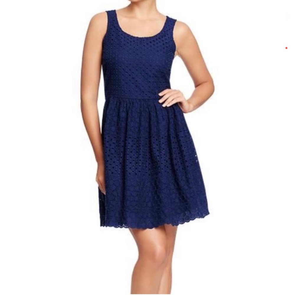 EUC Old Navy Blue Fit & Flare Eyelet Cotton Dress Lined Summer Spring Size 2